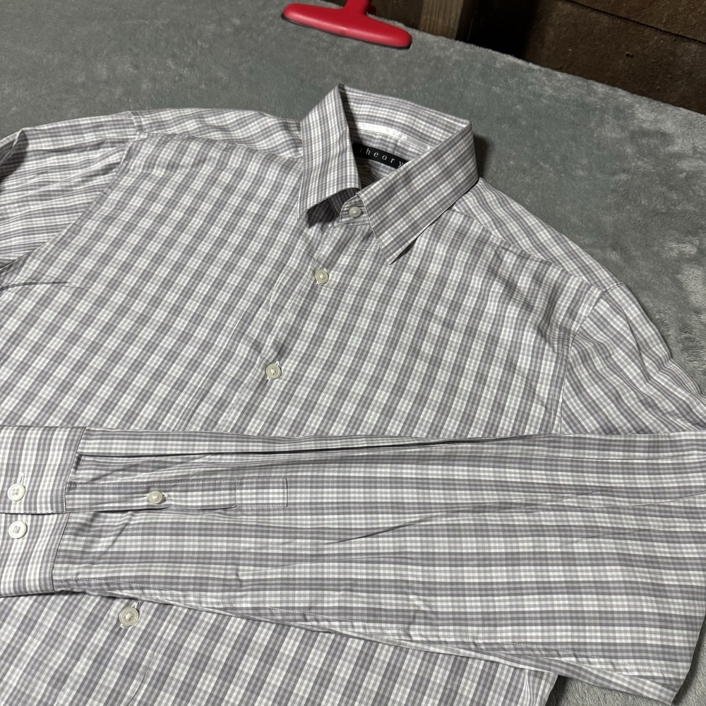 Theory Mens Gray Plaid Longsleeve Button Up Size 16‎ 34/35 LONG Preppy Casual